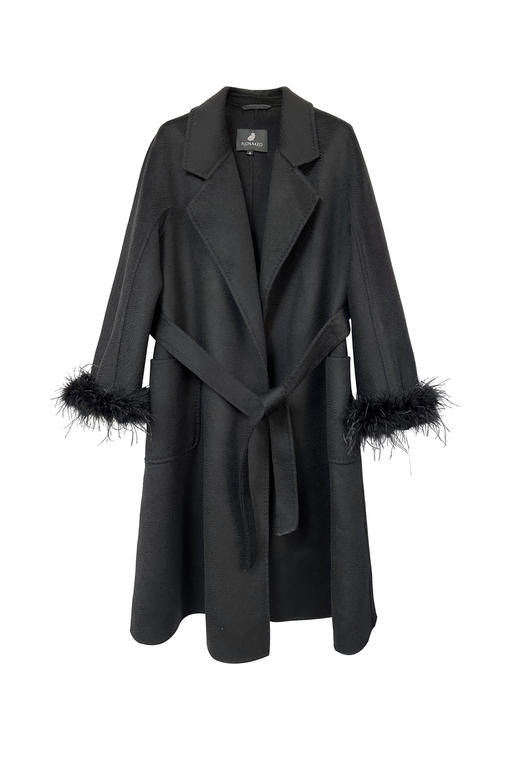 可拆卸驼鸟毛袖口黑色双面毛呢系带大衣外套 商品图0