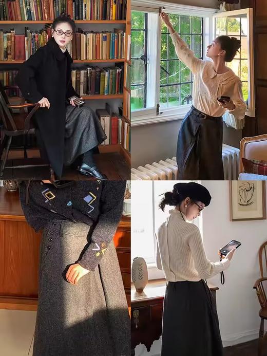 浮生八记/24C115/复古杂点单侧排扣古典英伦V字宽腰封A字伞裙 商品图1