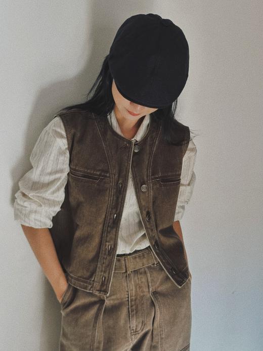 顺丰包邮洛诗琳60225“轻奢水染咖”复古棉质无领牛仔背心马甲680 商品图0