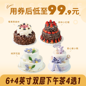 6+4英寸双层下午茶4选1，【森林小红帽】【绮梦花园】【莓果黑森林】【爱心紫小熊】 双层精致甜品塔多重口味，聚会推荐拍照秒出片（新人专区）