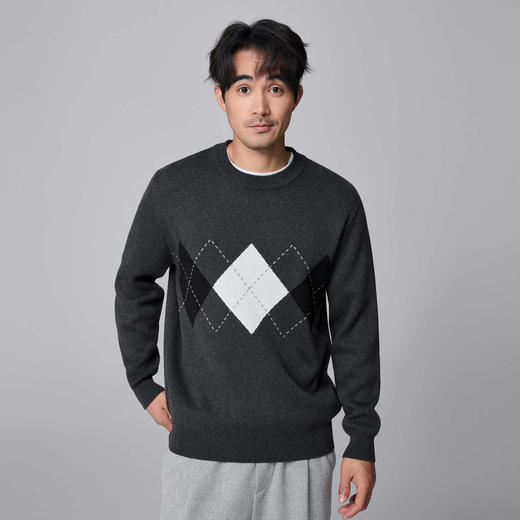 墨麦客男装菱形格提花圆领针织衫男士2024冬季新款撞色宽松毛衣男 商品图2