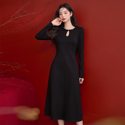 气质优雅重工花边珠片圆领长袖连衣裙女高级感内搭裙V0150154 商品图2