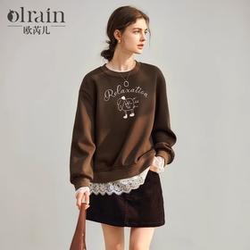 OLrain欧芮儿摩卡色加绒卫衣女冬季2024年新款休闲绣花套头衫