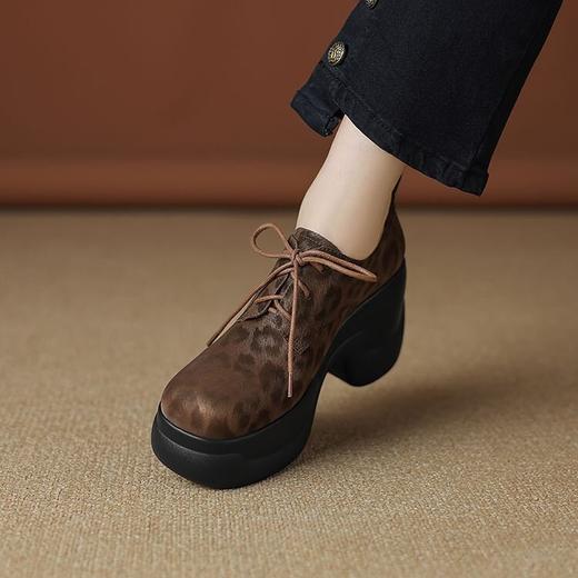 【预售5天】豹纹牛皮厚底单鞋女秋冬季新款圆头系带百搭小皮鞋DTN&510-1 商品图3