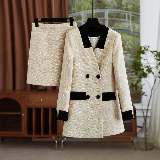 【高货wl】全新升级【铂金会员367/天猫499/差价132】(50813) 洛诗琳秋冬新款双排扣羊毛呢西装外套半身裙两件套 商品图0