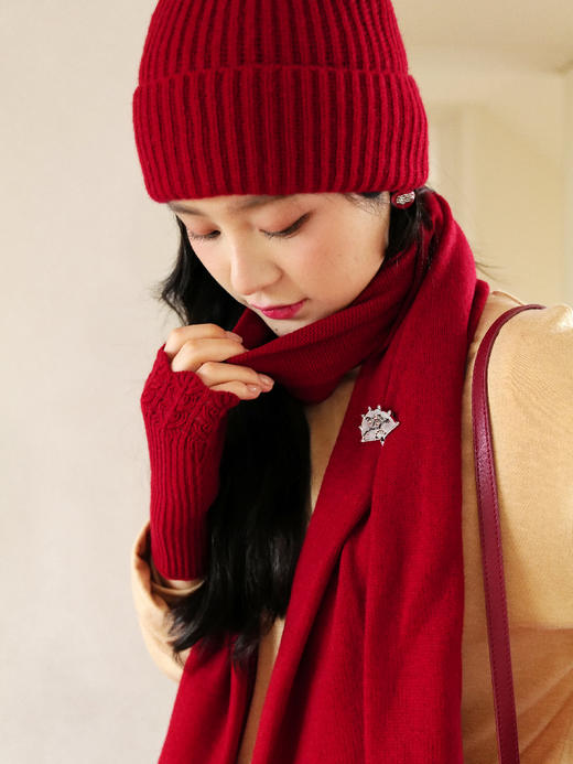 茸球 全羊绒针织帽子 露指手套 围巾套组 山林曦照 商品图3