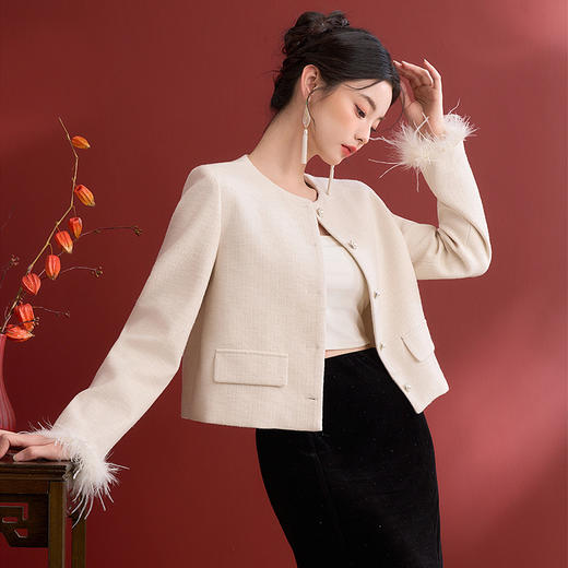 简约百搭毛边袖口短款呢子大衣女厚实圆领外套V0150114 商品图4