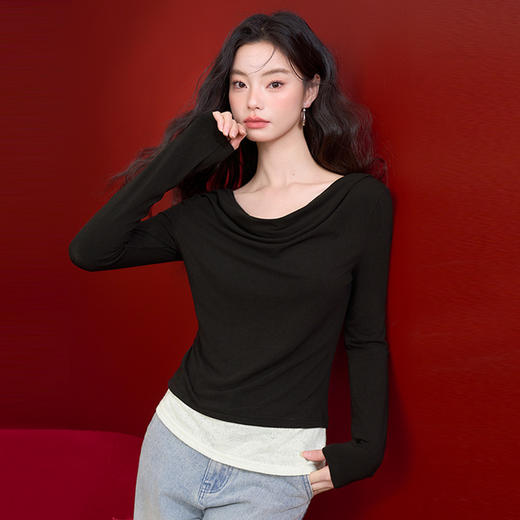 设计感拼接蕾丝花边荡领长袖T恤女不规则捏褶上衣V0150037 商品图0