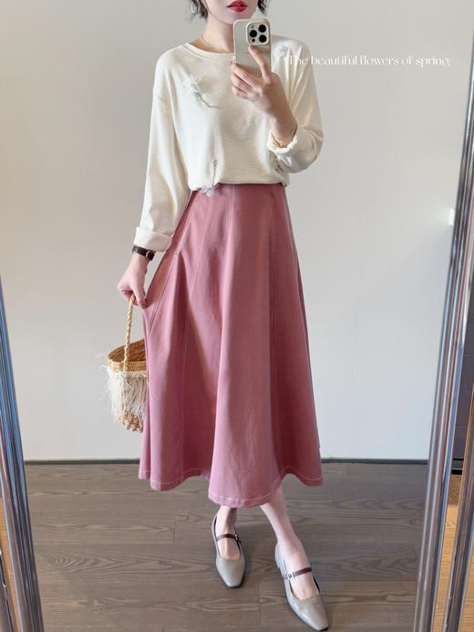 糯叽叽的粉裙  拼接明线设计小鱼尾牛仔半身裙 豆沙粉 商品图5