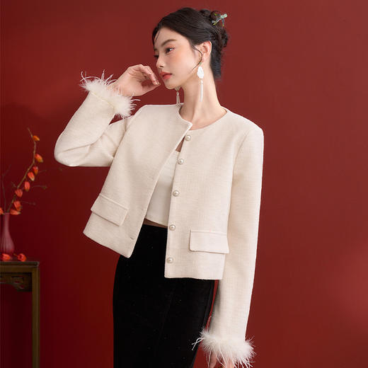 简约百搭毛边袖口短款呢子大衣女厚实圆领外套V0150114 商品图2