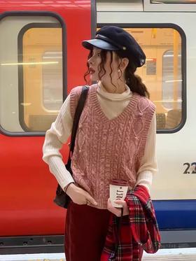 浮生八记/24D164/英伦复古羊毛棉两色混纺手工球球V领麻马甲