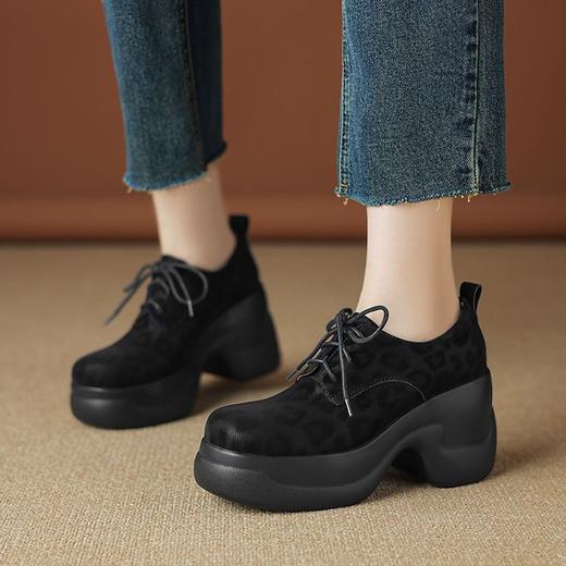 【预售5天】豹纹牛皮厚底单鞋女秋冬季新款圆头系带百搭小皮鞋DTN&510-1 商品图1