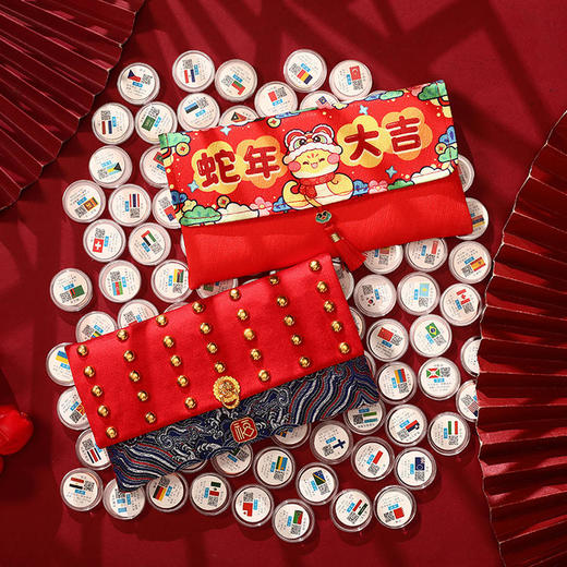 热卖中！！2025年金蛇衔财创意国外纪念币红包 扫码看世界 50国100张 100国100张 宫墙包 金蛇包 买就赠：1张面值纸币+蛇年金箔卡+防伪灯 商品图4