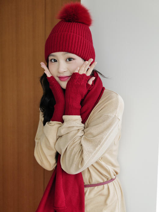 茸球 全羊绒针织帽子 露指手套 围巾套组 山林曦照 商品图2