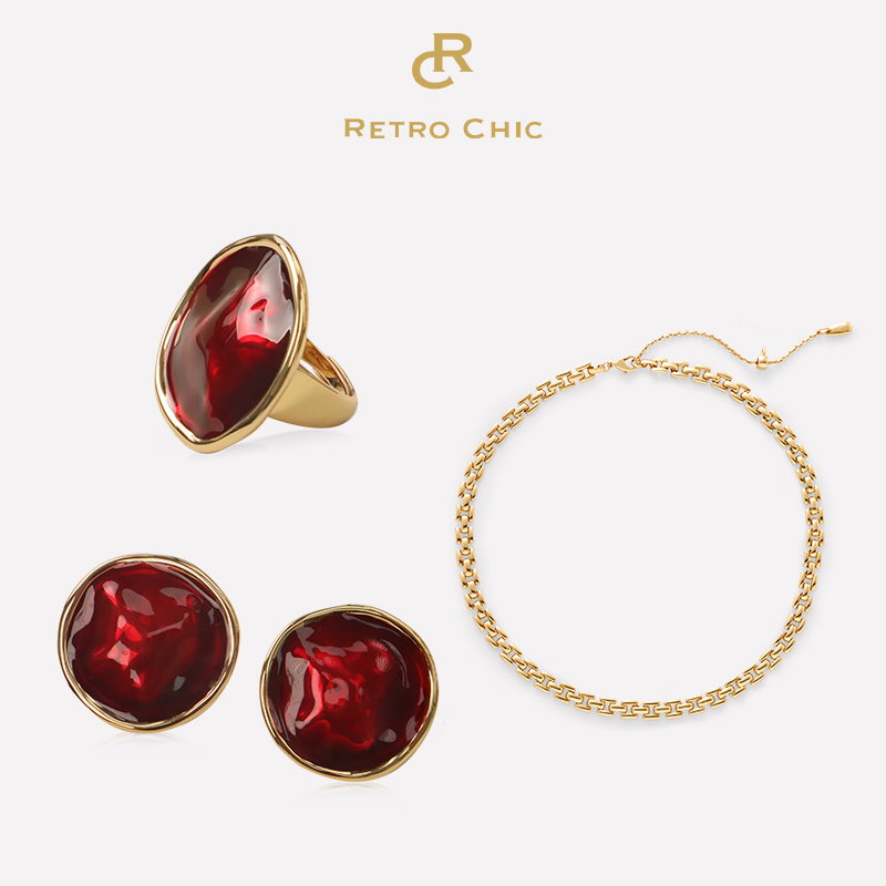 【辛芷蕾&谭维维&吴昕&刘孜&戚薇同款】Retro Chic | 红色波纹耳环/戒指&罗马链条项链套装