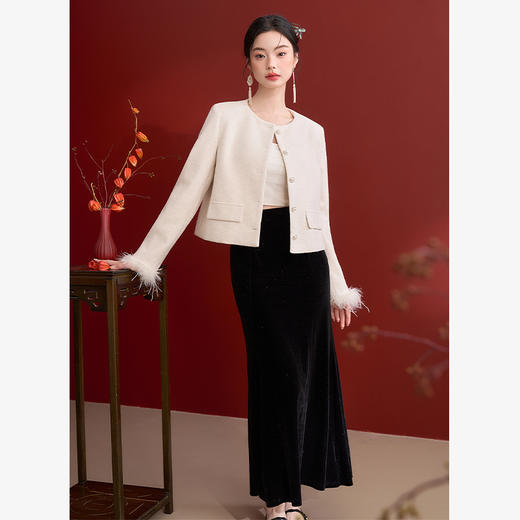 简约百搭毛边袖口短款呢子大衣女厚实圆领外套V0150114 商品图1