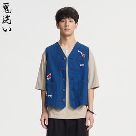 ONIARAI/鬼洗25春夏棒系列手绘锦鲤复古靛蓝提花马甲男  N340212