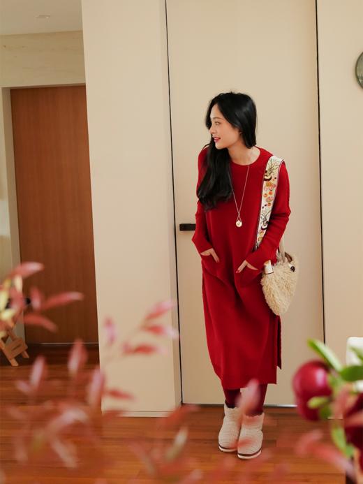 芷茸 羊绒羊毛精纺 双股绞花 圆领长款针织连衣裙 山林曦照 商品图2