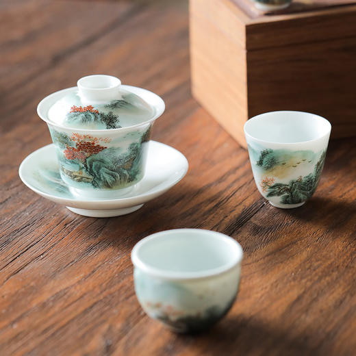 省工艺美术师亲工青绿粉彩山水茶器 商品图0