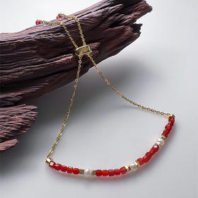 ELOANE GALLERY落岸 红玛瑙碎金天然珍珠手链银镀金抽拉式（7天内发货）