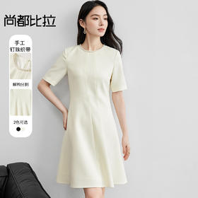 【内购】经典赫本风通勤优雅手工钉珠织带圆领显瘦短袖A字连衣裙-151L58192