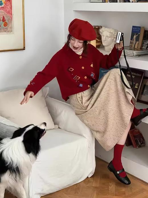 浮生八记/24C115/复古杂点单侧排扣古典英伦V字宽腰封A字伞裙 商品图2