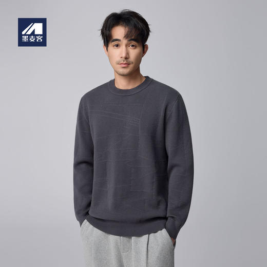 墨麦客男装不规则线条提花圆领针织衫男士2024冬季微阔宽松毛衣男 商品图0