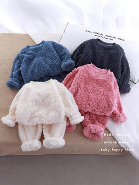 【优质柔软面料，绵柔舒适】法兰绒套装儿童款 女宝二件套 新款毛茸茸 男童提花宽松圆领家居服-QQ