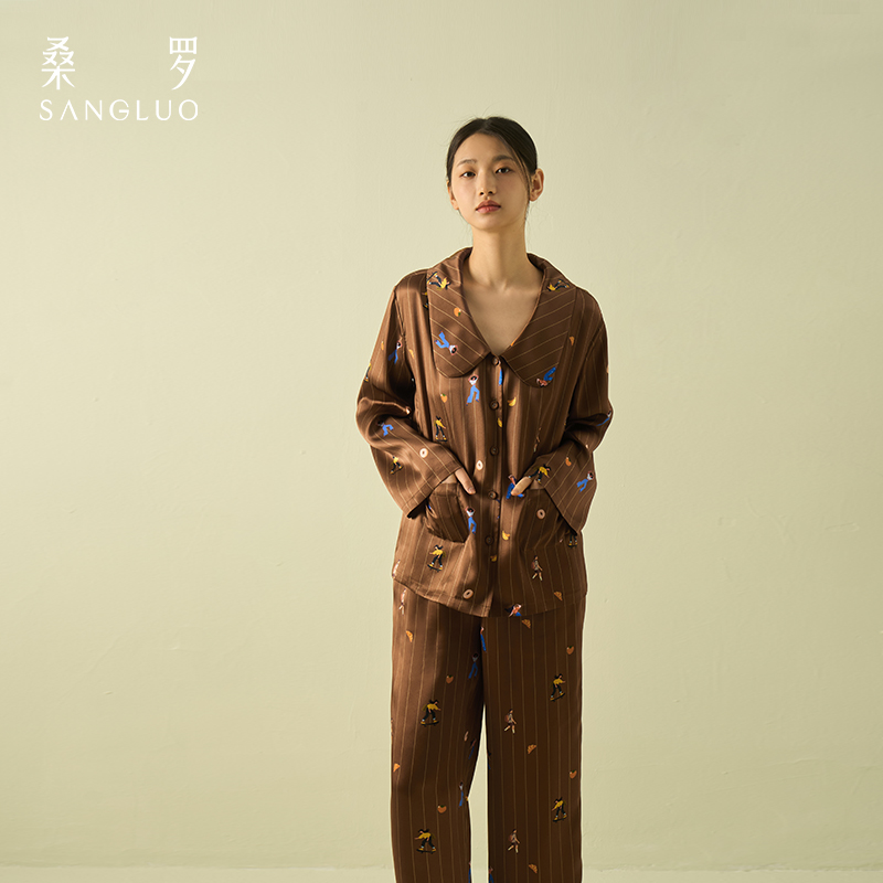 “早安系列”桑罗真丝咖色条纹印花女士睡衣套装费尔岛风情侣款