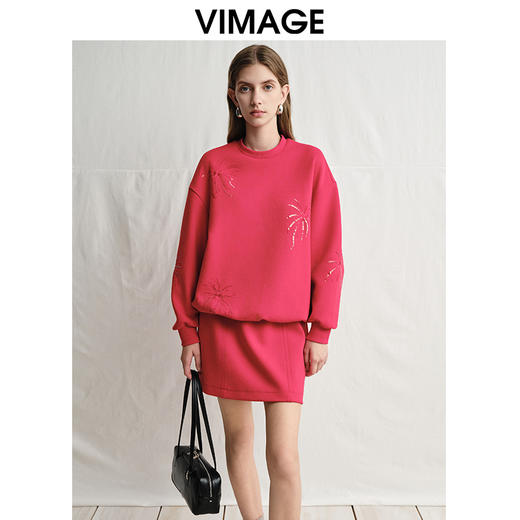 VIMAGE纬漫纪烟花亮片新年氛围宽松显瘦圆领卫衣上衣2025春季新款V2313902 商品图0