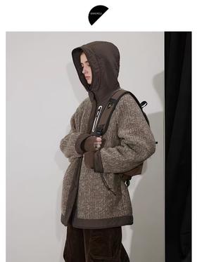 半圆/D24401478/连帽插肩袖假两件羊羔毛外套