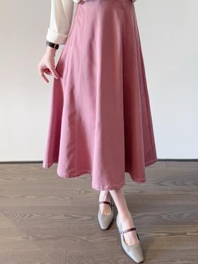 糯叽叽的粉裙  拼接明线设计小鱼尾牛仔半身裙 豆沙粉