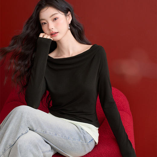 设计感拼接蕾丝花边荡领长袖T恤女不规则捏褶上衣V0150037 商品图2