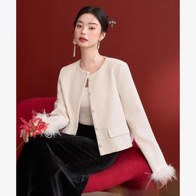 简约百搭毛边袖口短款呢子大衣女厚实圆领外套V0150114