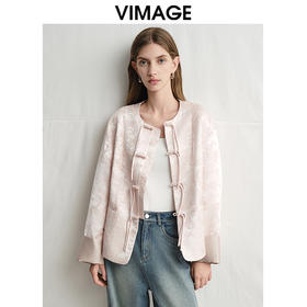 VIMAGE纬漫纪浅粉色新中式盘扣圆领直筒舒适短外套2025春季新款V2303903