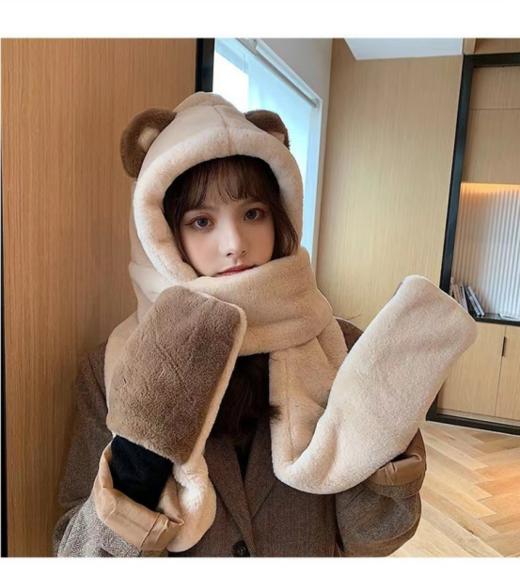 🌈【 欣欣子同款】小熊多功能三合一保暖帽手套围脖 ！ 💛加厚高品质克重达310g以上 💛软糯细腻毛绒感十足，🍓可以底挡9级寒风  商品图0