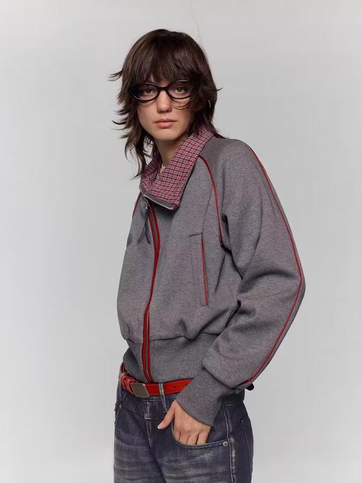 出逃赤岗西/24AWW125/复古斜拉链内里拼接撞色格纹灰色无性别短款卫衣 商品图2
