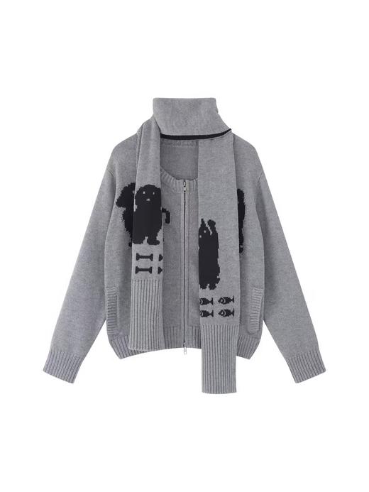 出逃赤岗西/24AWM60/带围巾羊毛针织衫女冬双层猫咪狗狗提花毛衣 商品图3