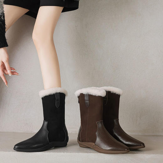 【预售5天】法式尖头舒适运动底内增高真皮真毛舒适中筒靴冬季加绒加厚雪地靴女ZYY&A1050 商品图0
