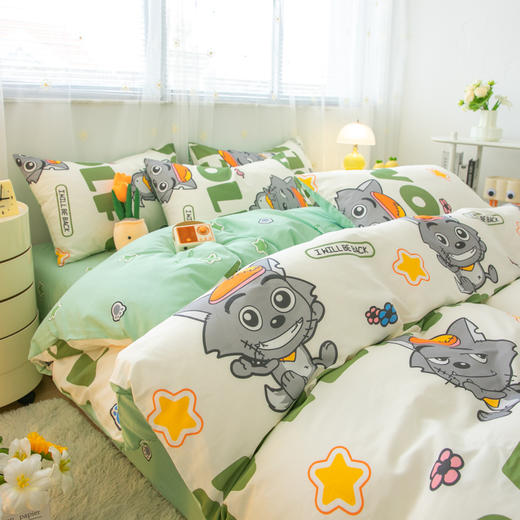 自然醒喜羊羊灰太狼四件套全棉斜纹卡通印花床单被套床上用品纯棉床笠款四件套JY 商品图5