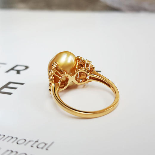 【天然正品】AU750黄金镶钻镶天然浓金金色巴洛克海水珍珠戒指11号（戒圈可改）女士现售价：2680！091024NJ05 商品图5