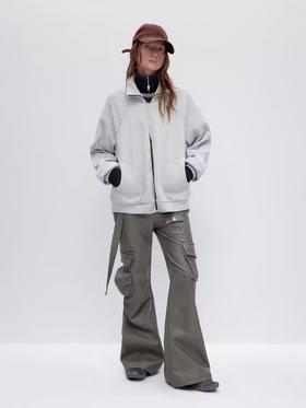 出逃赤岗西/24AWW115/灰色华夫格宽松休闲拉链立领卫衣