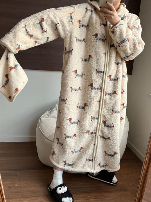 行走的被窝大码韩系条纹珊瑚绒睡衣女加厚保暖家居服睡袍连帽拉链HLY 商品图13