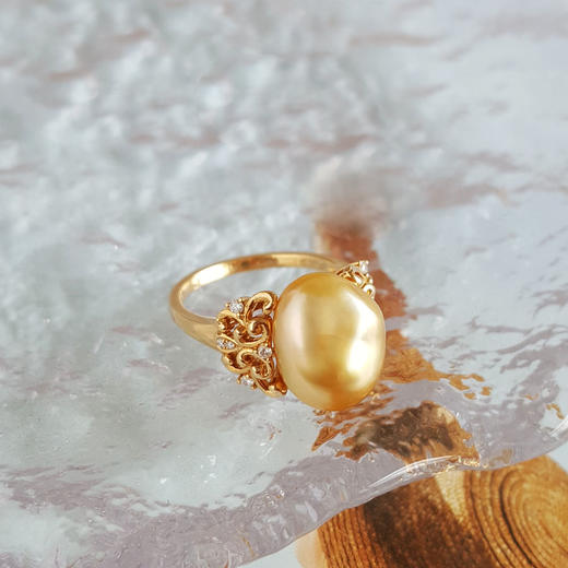 【天然正品】AU750黄金镶钻镶天然浓金金色巴洛克海水珍珠戒指11号（戒圈可改）女士现售价：2680！091024NJ05 商品图6