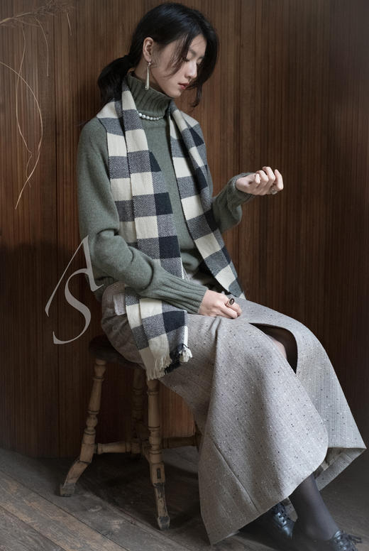 Margaret Howell  米黑格纹geelong羔羊毛手织流苏围巾 商品图2