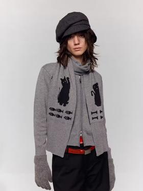 出逃赤岗西/24AWM60/带围巾羊毛针织衫女冬双层猫咪狗狗提花毛衣