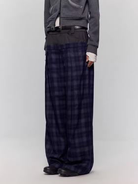 出逃赤岗西/24AWK121/设计感假两件双腰头拼接磨毛感TR格纹直筒阔腿休闲裤