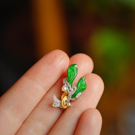 龢盒原创 18k金镶玉兰花翡翠胸针 商品图4