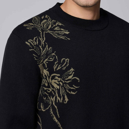 墨麦客男装牡丹提花男士新中式圆领针织衫2024冬季新款宽松毛衣男 商品图3