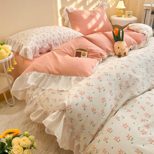 自然醒公主风少女全棉花边四件套纯棉小清新床上用品田园韩式碎花被套床单三件套JY 商品图5